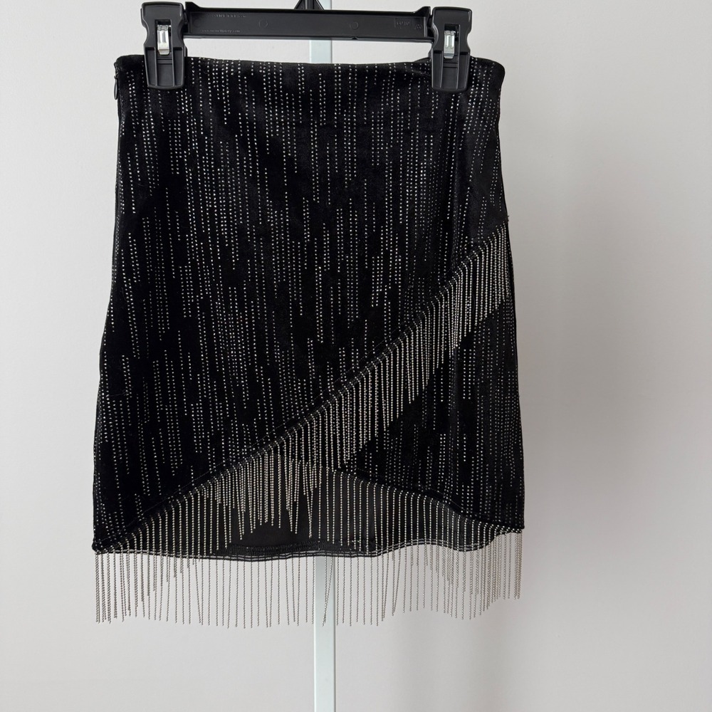 H:ours sz XS Black Velvet‎ Rhinestone Chain Fringe Mini Skirt Glam Party